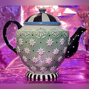 Vintage Mary Engelbreit Light Green & Black Tea Pot with Light Blue